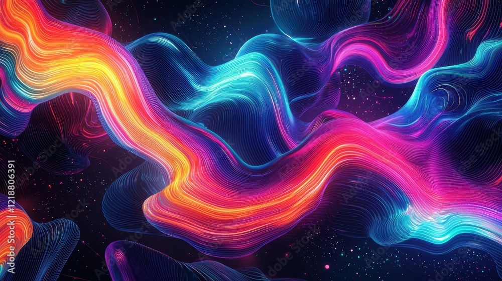 Bright and flowing waves of color create a mesmerizing pattern against a dark cosmic background, showcasing shades of pink, blue, and orange. The scene encapsulates vibrancy and movement Bright and flowing waves of color create a mesmerizing pattern against a dark cosmic background, showcasing shades of pink, blue, and orange. The scene encapsulates vibrancy and movement