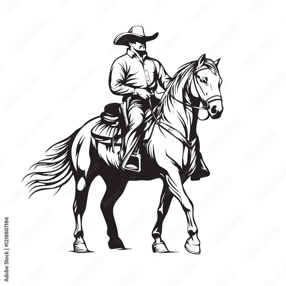 Fototapeta premium Monochrome illustration of a cowboy riding a galloping horse, detailed with bold strokes, showcasing Western spirit, strength, and freedom in action.