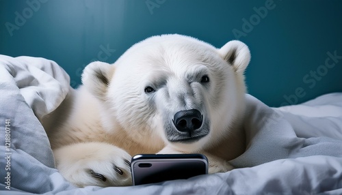 white polar bear lying in bed with a cellphone photo