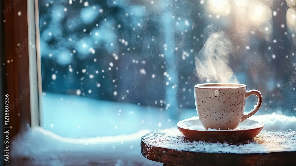 A photo of a cozy winter scene, a cup of hot cocoa steaming on a table by the window, snow falling softly outside. A photo of a cozy winter scene, a cup of hot cocoa steaming on a table by the window, snow falling softly outside.