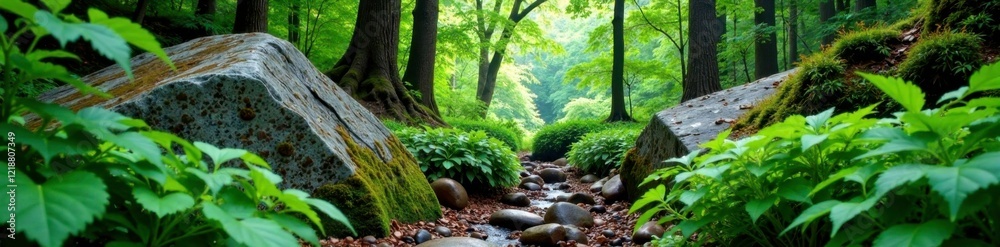 Granite boulders amidst ferns in forest valley, stone, nature Granite boulders amidst ferns in forest valley, stone, nature