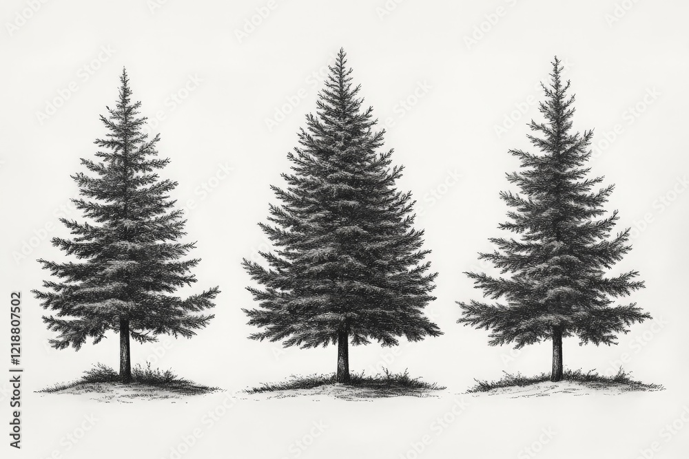 Fototapeta premium Three pine trees stand in a row in a minimalist artistic illustration against a light background