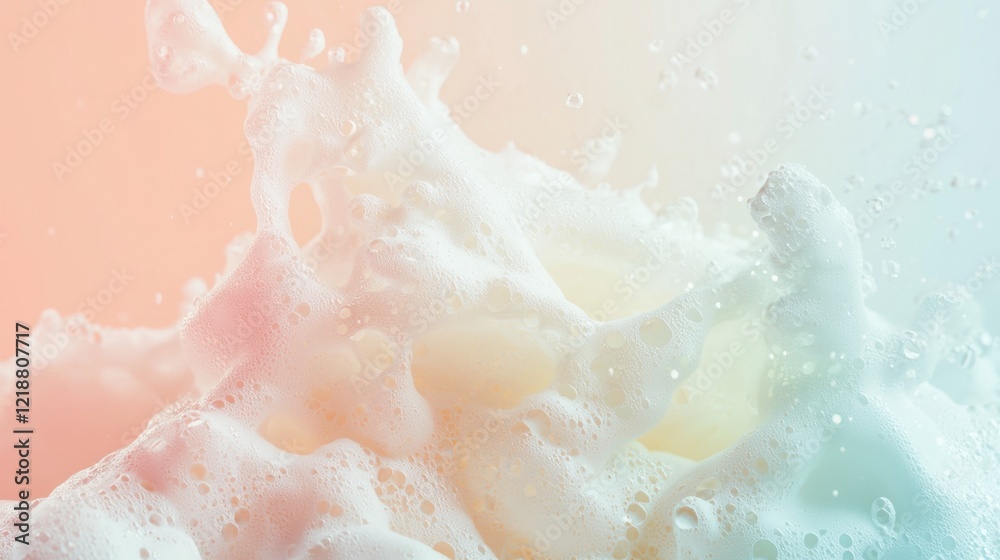 Fototapeta premium Soft foam erupts and splashes across a gentle pastel background, creating a vibrant visual effect that captures a playful and dynamic atmosphere in an artistic moment