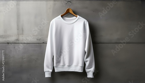 a white sweatshirt mockup hanging on a concrete wall with a hanger viewed from the front high resolution high detail and sharpness for design and print presentations