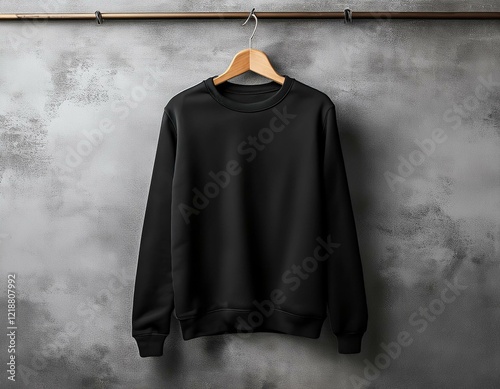 a black sweatshirt on a hanger against a concrete wall background serving as a mockup template for design presentations