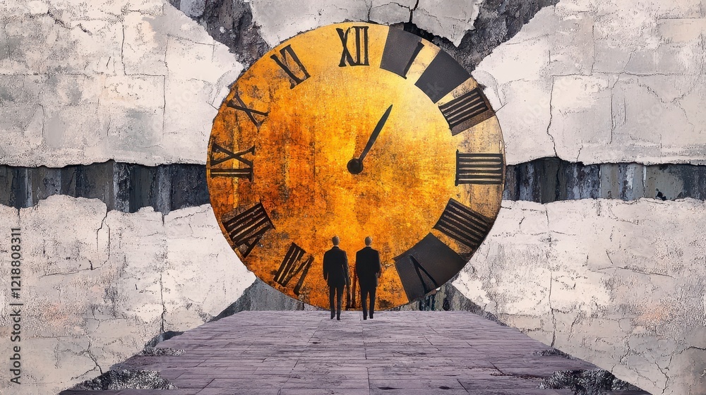 Fototapeta premium Two Silhouettes Stand Before a Large Golden Clock in a Broken Wall