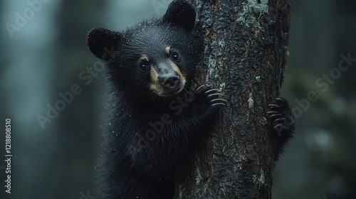 A black bear cub climbing a tree in a temperate forest