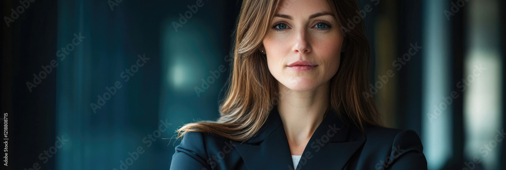 Naklejka premium Confident businesswoman in professional attire standing in a modern office space,copy space