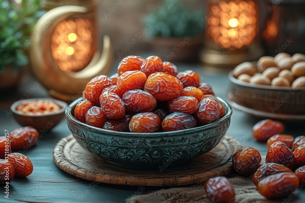 Deliciously sweet dates arrangement cozy kitchen food photography warm atmosphere close-up view culinary delight