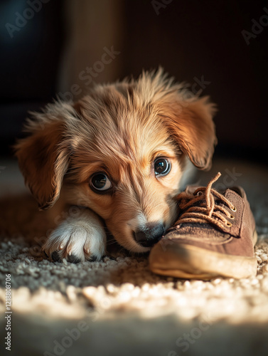 Puppy resting with brown sneaker on carpet.