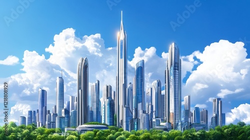 Modern City Skyline with Skyscrapers and Clear Blue Sky