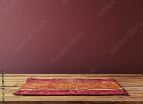 A wooden table with an orange and red striped placemat on it, set against a solid maroon wall background.  photo