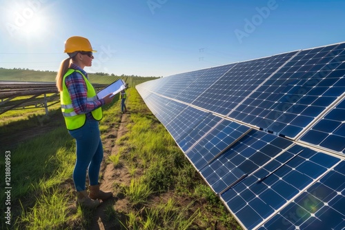 On a sunny day, a female engineer in a hard hat and safety vest inspects solar panels at a renewable energy farm to enhance their performance and boost efficiency in generating clean electricity photo