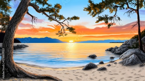 Tranquil Sunset Over Calm Waters with Sandy Beach and Trees