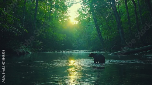 A black bear foraging near a flowing river in a dense forest