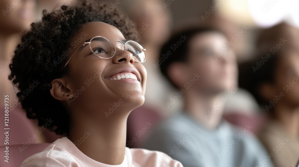 Obraz premium A joyful young person with glasses smiles while watching a performance, surrounded by an audience in a theater setting.