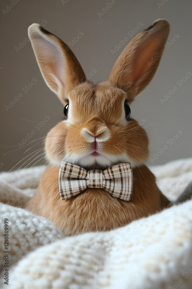 Fototapeta premium A rabbit wearing a tiny bowtie, sitting politely on a soft blanket.