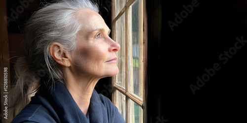 Person with White Hair Gazing Out Window