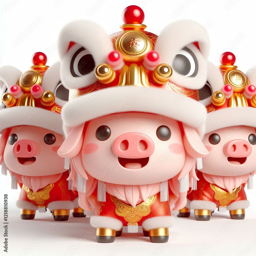 Fototapeta premium Adorable Piglet Lion Dance Costume, Chinese New Year Celebration