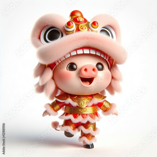 Adorable Piglet Lion Dance Costume, Chinese New Year Celebration photo