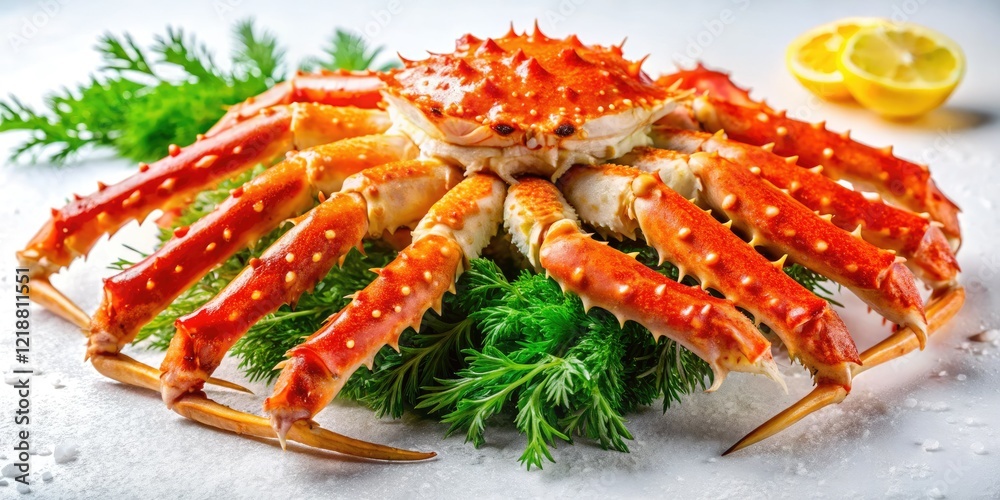 Succulent Alaskan King crab legs, a gourmet seafood delicacy. High-resolution image showcases premium crab meat. Succulent Alaskan King crab legs, a gourmet seafood delicacy. High-resolution image showcases premium crab meat.