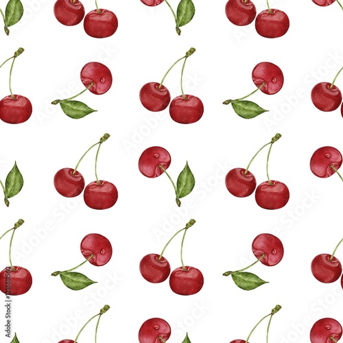 Cherry pattern for fabric design, cherry wallpaper, berry print, berry seamless pattern, on white background, watercolor