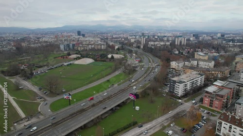 4K Aerial cinematic video - city of Zagreb, capital of Croatia, a view of Savica and Trnje residential neighborhoods. photo