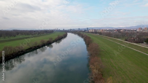 Closeup 4K aerial view of the famous Bridge of Youth (Most Mladosti) over the river Sava in Zagreb, the capital city of Croatia, with the trams and vehicles driving over it. photo