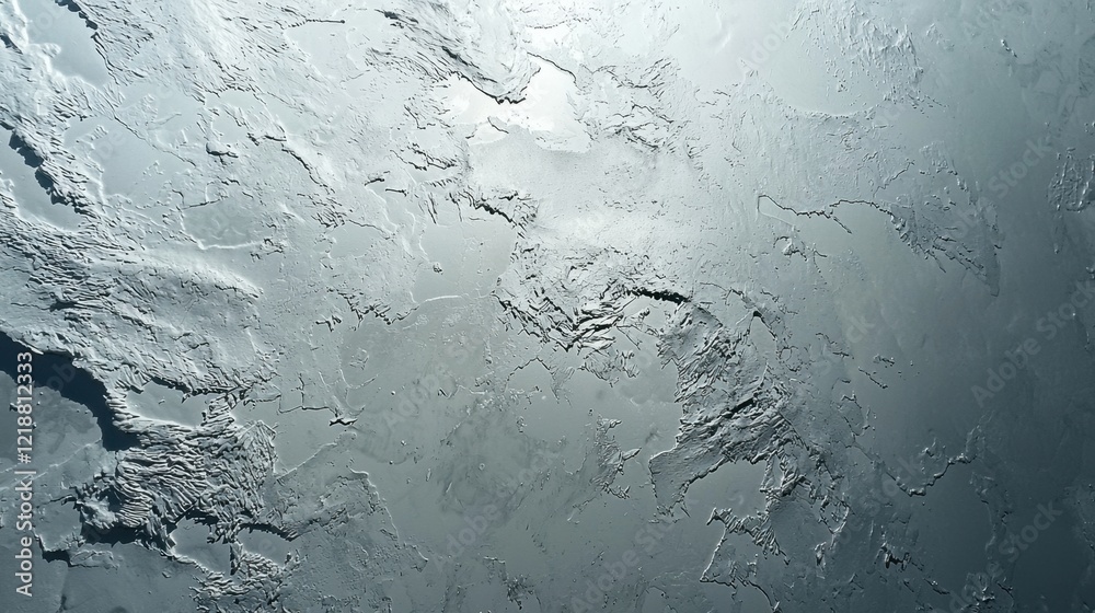 Fototapeta premium Details show the intricate patterns formed by freezing water under sunlight in a remote area. The surface reflects light and showcases the natural beauty of winter