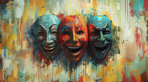 Art concept with comedy masks with laughing faces on colourful painted background.