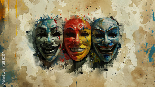 Vintage theatre masks with positive emotions and laughter faces on paint wall background. Art concept with comedy masks.