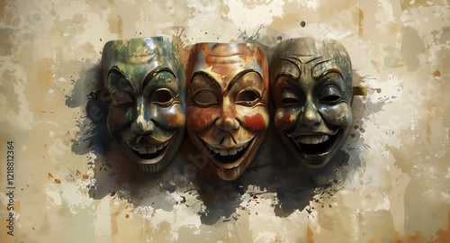 Vintage actors masks with positive emotions and laughter faces on paint wall background. Art concept with comedy theatre masks.