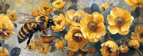 Bee with honey jar over rose hip flowers, concept of banner for beekeeping. Close up of honeybee collect honey over blooming branch with yellow flowers.