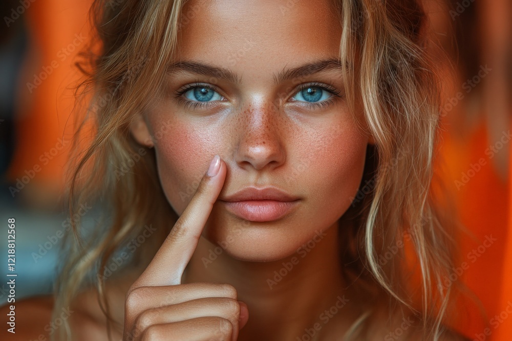 Young woman with striking blue eyes and natural makeup poses with a finger on her cheek in a cozy indoor setting Young woman with striking blue eyes and natural makeup poses with a finger on her cheek in a cozy indoor setting