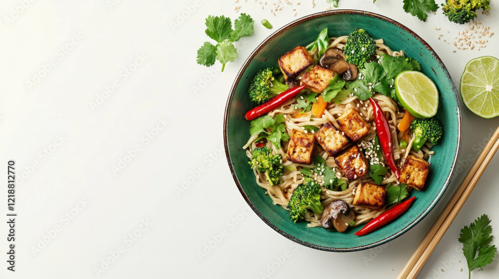 Fresh Noodle Bowl with Tofu and Lime on White Background. Fresh Noodle Bowl with Tofu and Lime on White Background.