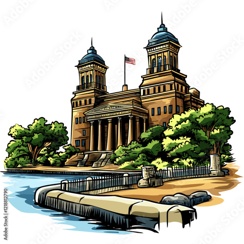 Ellis Island in New York. Vector comic hand-drawn illustration of Ellis Island