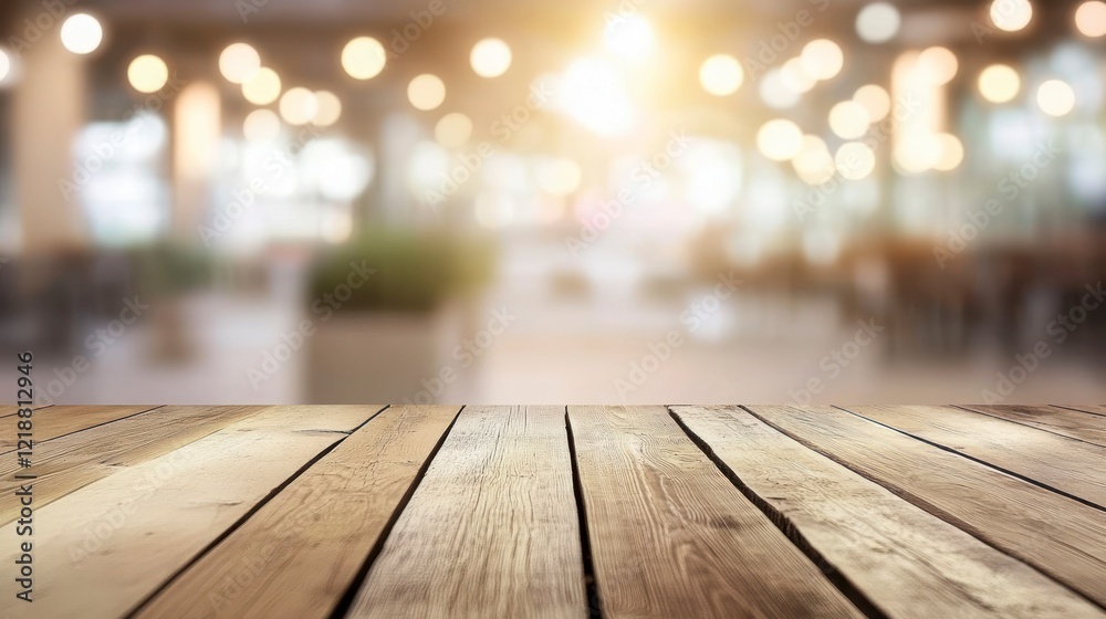 Empty wooden table top with a blurred white kitchen interior background for product display presentation. Abstract blurred bokeh of a modern, clean home scene.