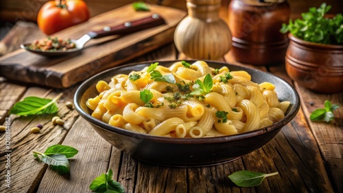 Tilt-shift photo: creamy mac & cheese, rustic setting, dreamy shallow depth of field.