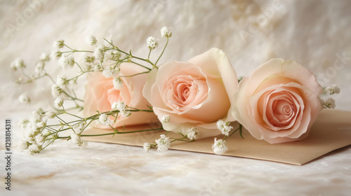 Elegant Pink Roses and Baby's Breath in Envelope on Marble Surface