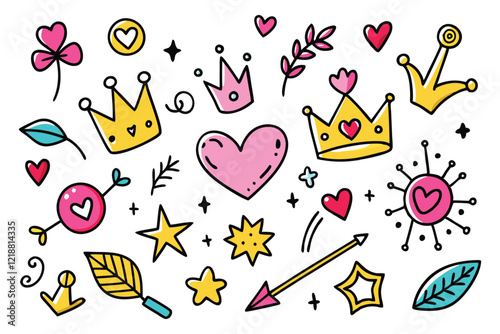 Colorful doodle seamless pattern with childish drawing elements. Pencil or pen doodle style seamless pattern with cute crowns, hearts, stars.