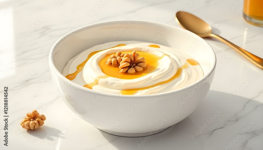 A wholesome Greek breakfast with yogurt, honey, walnuts, and fresh fruit slices A wholesome Greek breakfast with yogurt, honey, walnuts, and fresh fruit slices