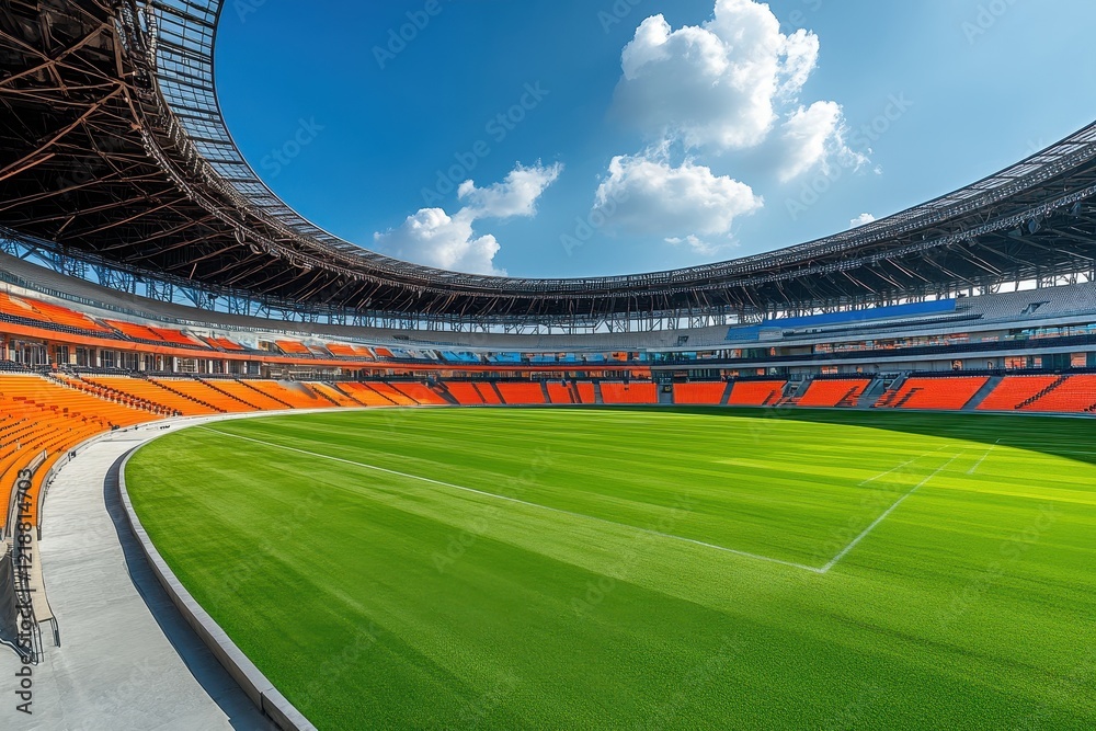 Empty modern stadium with orange seats under a blue sky. Perfect for sports, events, and architectural themes. Empty modern stadium with orange seats under a blue sky. Perfect for sports, events, and architectural themes.