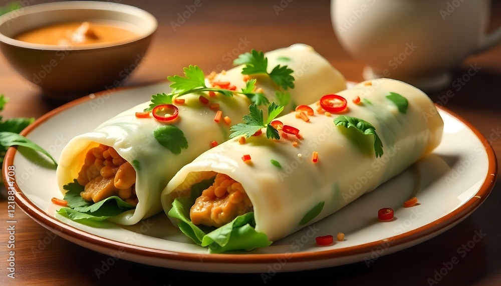 Fresh spring rolls arranged on festive platter with peanut and chili sauce Fresh spring rolls arranged on festive platter with peanut and chili sauce