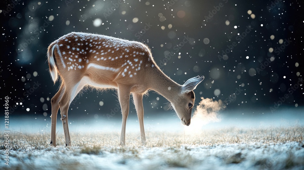 A photo of a deer grazing in a field covered in a thin layer of snow, its breath forming a visible mist in the cold air. A photo of a deer grazing in a field covered in a thin layer of snow, its breath forming a visible mist in the cold air.