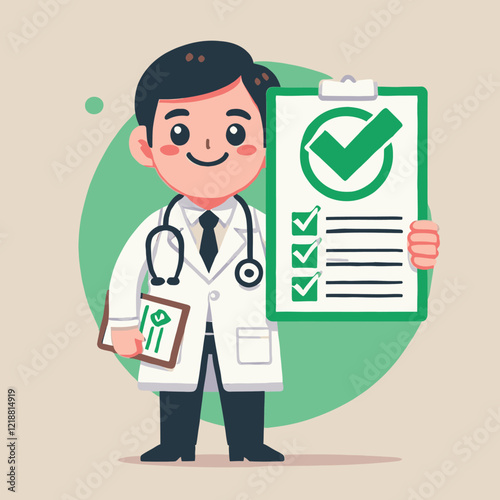 Smiling Doctor Holding a Completed Checklist Promoting Healthcare