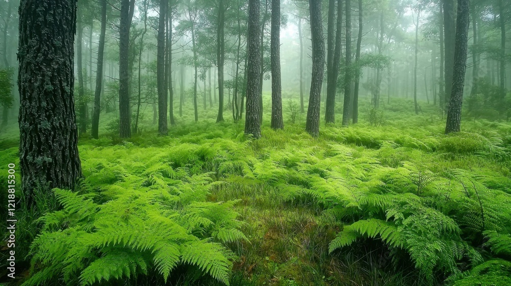 Fototapeta premium A tranquil forest setting features vibrant green ferns covering the ground, surrounded by tall trees shrouded in morning mist, creating a peaceful ambiance