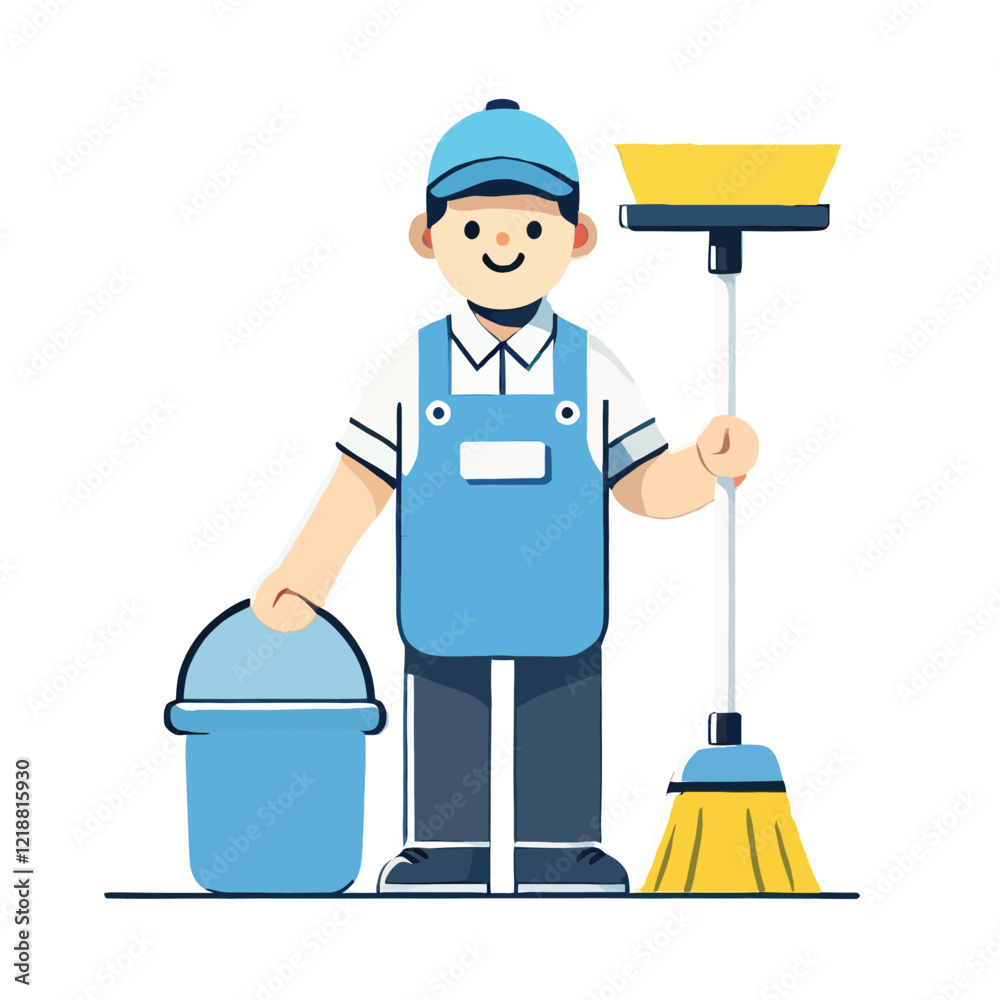 Smiling Janitor with Cleaning Supplies Illustration