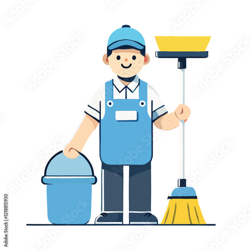 Smiling Janitor with Cleaning Supplies Illustration