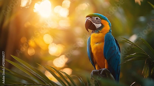 A blue throated macaw perched in a palm grove under soft morning light