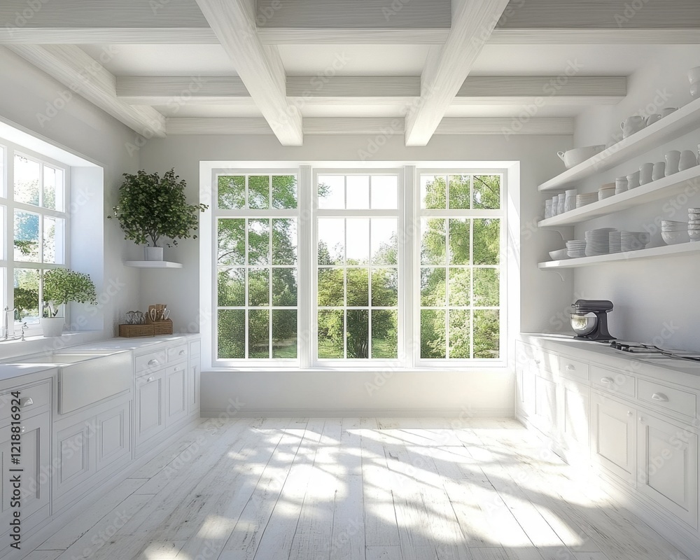 Fototapeta premium Bright Minimalist Kitchen Design Spacious Open-Plan Layout with Large Windows, Simple White Open Shelving, Fresh Contemporary Style, Natural Light, Modern Minimalist Kitchen Decor, White Kitchen